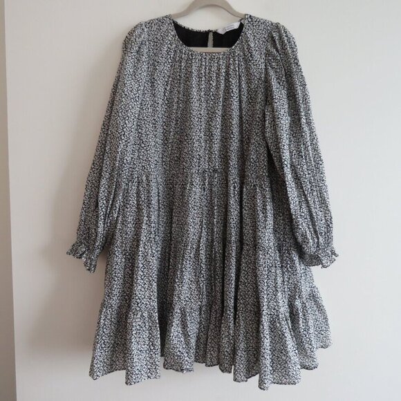 & OTHER STORIES Voluminous Twill Tiered Mini Dress Ditsy Floral Black White Sz M - Picture 2 of 15
